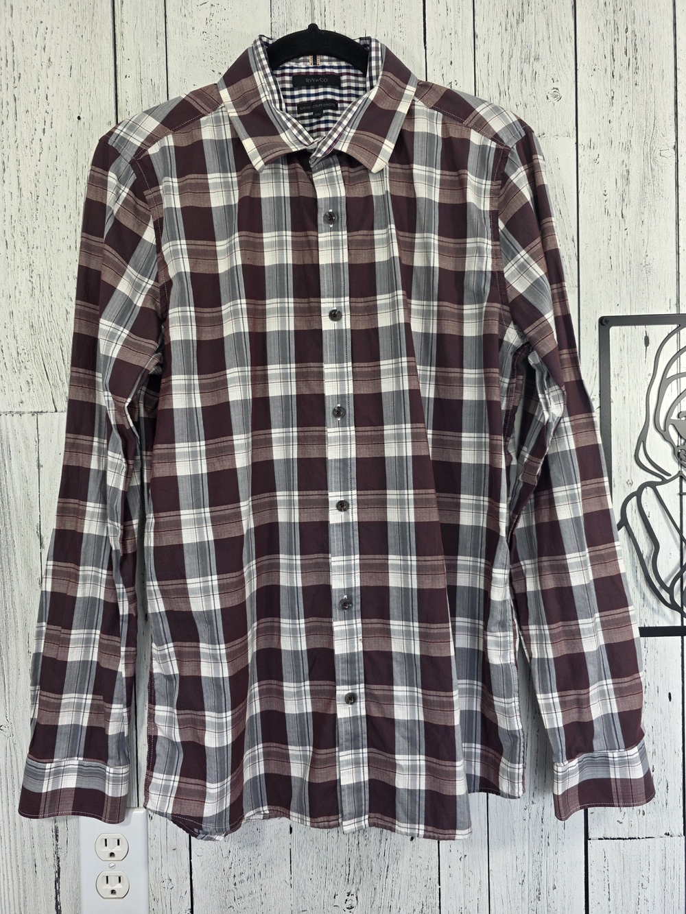 RW&CO Men’s Burgundy Grey Plaid Slim Fit Button Down Shirt M